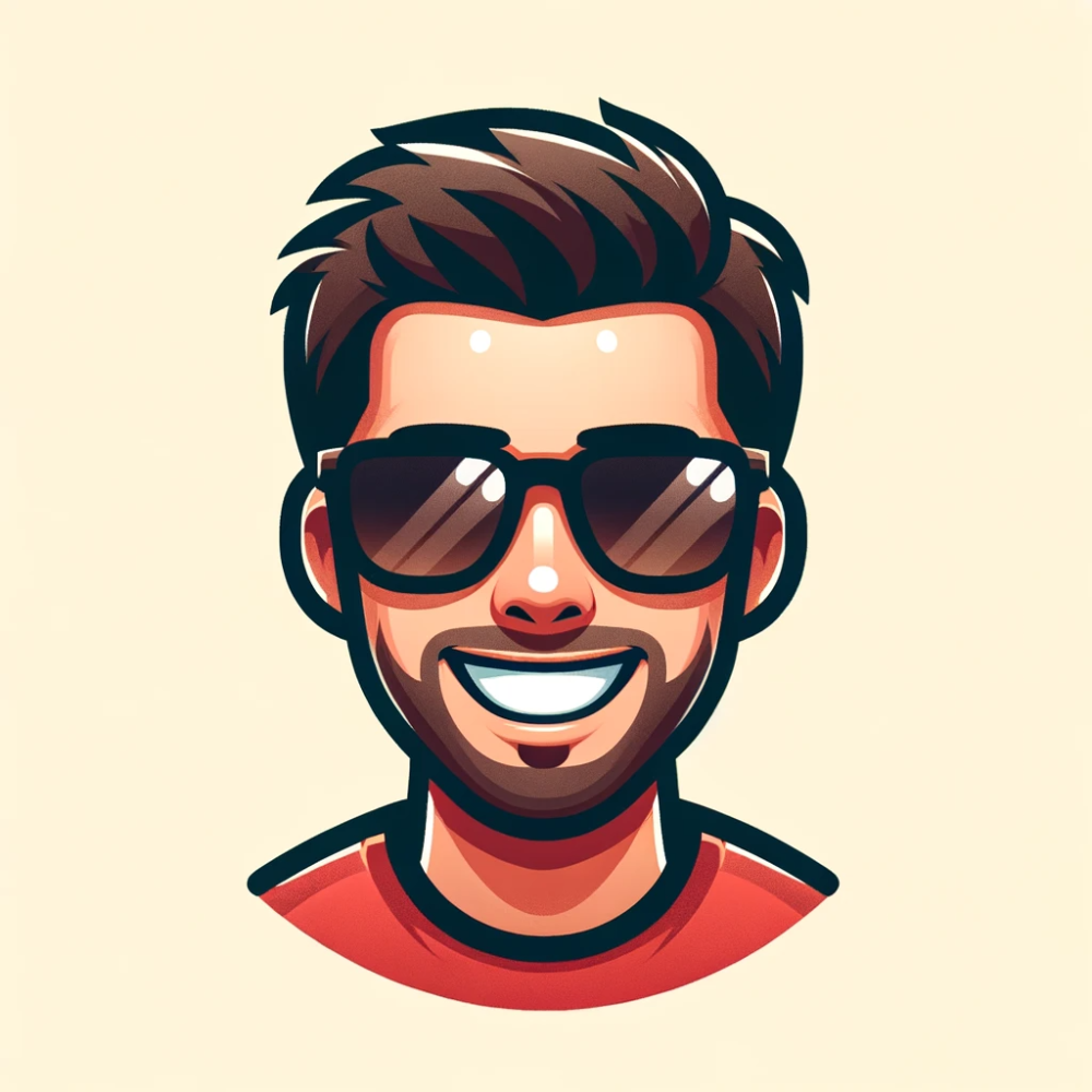 DALL·E 2024-01-24 05.42.54 - Create a stylized avatar of a cheerful man. The man has a round face, short dark hair, and is wearing large sunglasses. He has a short beard and musta